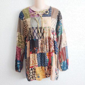 Made from the Earth Patchwork Peasant Boho Long Sleeve Top MEDIUM Hippie Bohemia